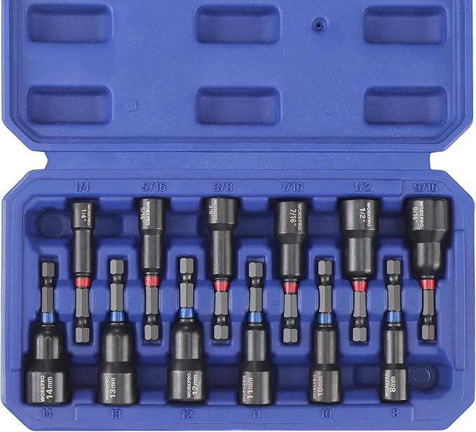 WORKPRO 12-Piece Magnetic Nut Driver Set, Premium Impact Power Hex Nut Driver Drill Bit Master Kit, SAE (1/4" to 9/16") and Metric (6-14mm), 1/4" Hex Shank and Quick-Change, Cr-V Steel