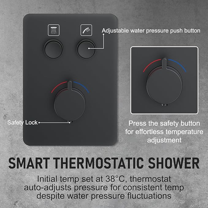 Thermostatic Shower System 13-Inch Rainfall Shower Head - 3 Setting Handheld Sprayer, Complete Bathroom Set with Faucet Mixer Trim Kit & Valve Matte Black
