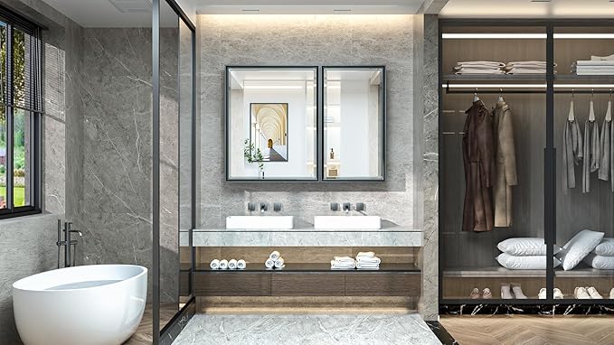 TokeShimi 40x30 Beveled Mirror with Storage Bathroom, Black Recessed Medicine Cabinet with Mirror Aluminum, Wall Mount Metal Recessed Medicine Cabinets for Bathroom