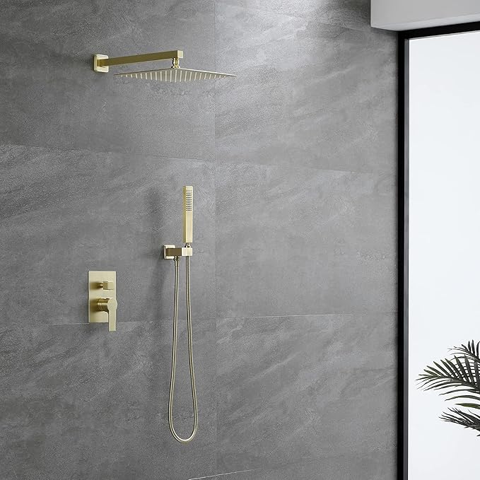SHAMANDA Brass Rainfall Shower System, Luxuly Bathroom Shower Faucet Combo Set Brushed Champaign Gold(Including Rough-In Valve Body and Trim), L7001-3