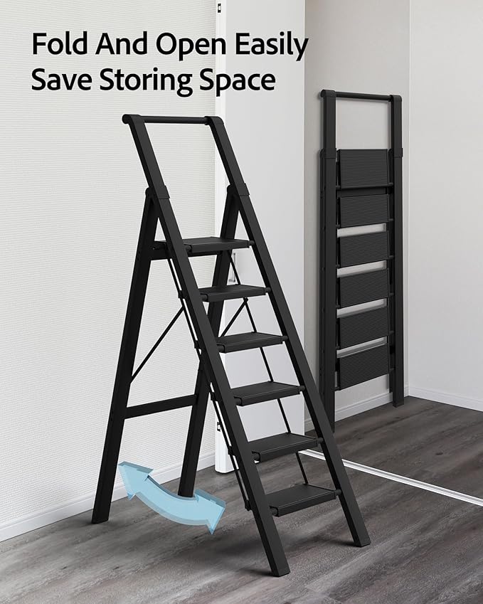 6 Step Ladder, Lightweight Folding Step Stool with Convenient Handgrip,Aluminum 330lbs Capacity Step Ladder for Office,Household,Kitchen(Black)