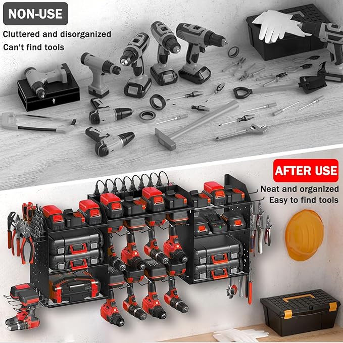 Power Tool Organizer Wall Mount with Charging Station, 10 Drill Holder Wall Mount, 3-Tier Adjustable Cordless Tool Organizer with 8 Hooks, screwdriver holder, Drill Bit Rack, Top Husband Gifts