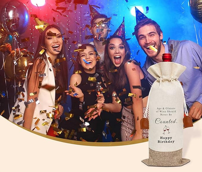 Funny Birthday Wine Bag, Cotton Linen Wine Gift Bag With Drawstring, Wine Champagne Bottle Gift Bag, Birthday Gifts Ideas for Men Woman Her Girl Friend Sister, Birthday Party Favors-36