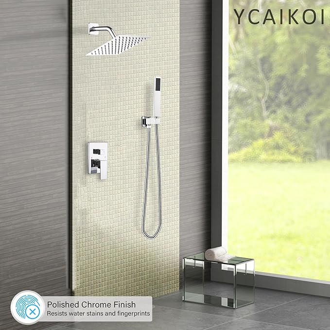 Chrome Shower System, 8 Inch High Pressure Rain Shower with Handheld, Wall Mount Shower Faucet Set for Bathroom, Rough-in Valve Body and Trim Included