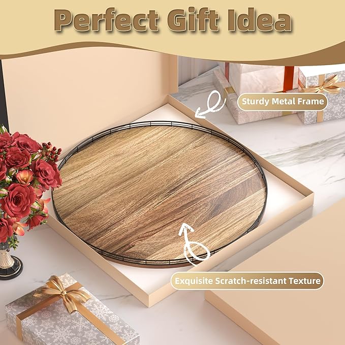 Acacia Wood 24" Lazy Susan Turntable Organizer for Table Top, Farmhouse Extra Large Round Lazy Susan for Serving Kitchen Countertop Cabinet for Charcuterie Centerpiece, Bathroom Vanity Tray Decor