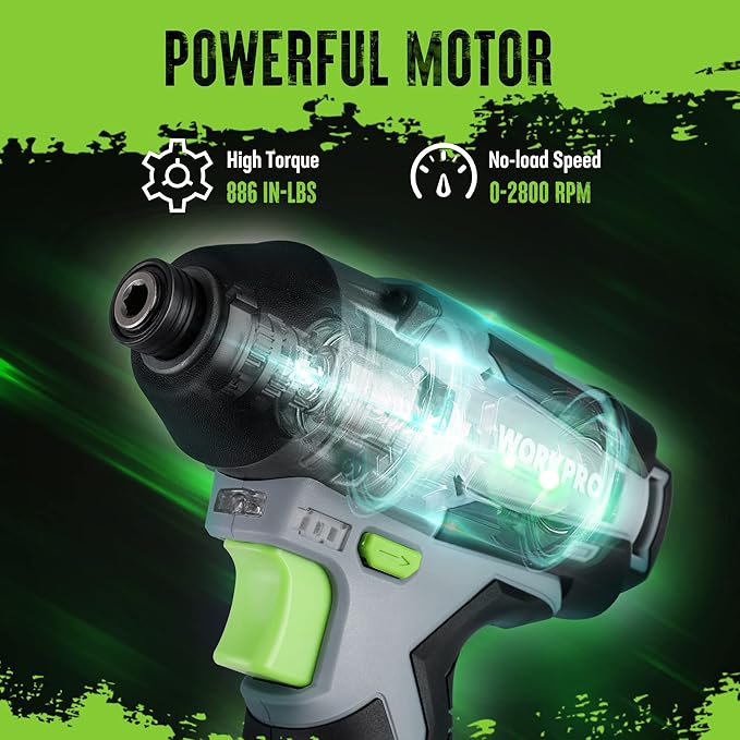 WORKPRO Cordless Impact Driver Kit, 1/4” Hex Electric Impact Drill/Driver Set with 12V 2.0Ah Lithium-ion Battery, 1 Hour Fast Charge, Variable Speed, 14pc Driver Bits and Tool Bag Included