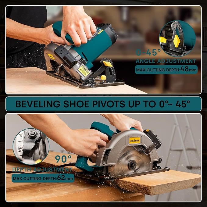 Enventor Circular Saw Corded, 11A Electric Circular Saws 7-1/4-Inch with Laser Guide, 2 Blade Saws (40T/24T), Max Cutting Depth 2-7/16"(90°), 1-8/9"(0°-45°), Single Handed Bevel, 6000RPM (Blue)