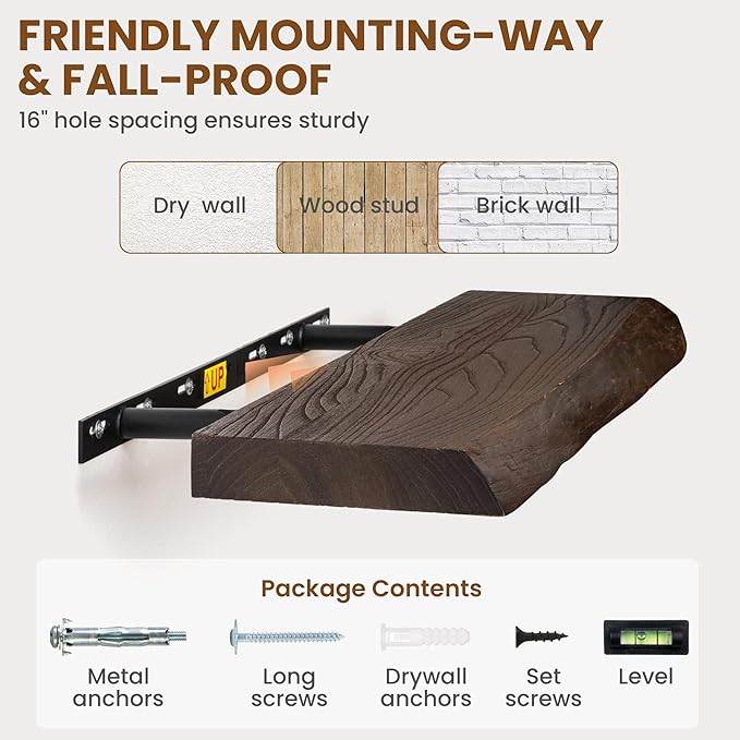 Fun Memories 40" Floating Shelves for Wall, Live Edge Solid Elm Wood Floating Shelf with Invisible Bracket, Wall Mounted Display Wooden Shelves for Bathroom, Kitchen, Bedroom, Walnut Color, Set of 1