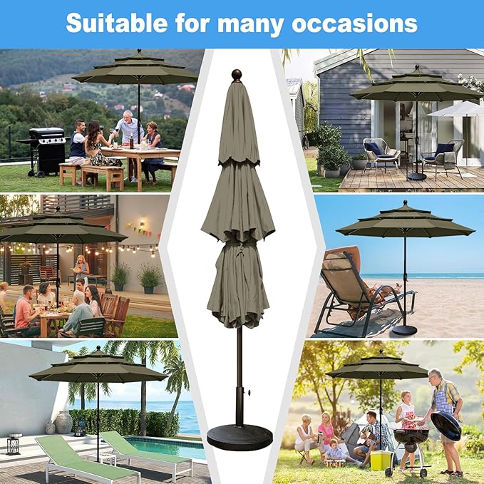 Eurmax USA 10-Year-Non-Fading 10Ft 3 Tiers Market Umbrella Outdoor Patio Umbrella Table Umbrella with 8 Ribs,Hand Crank and Ventilation (Taupe)