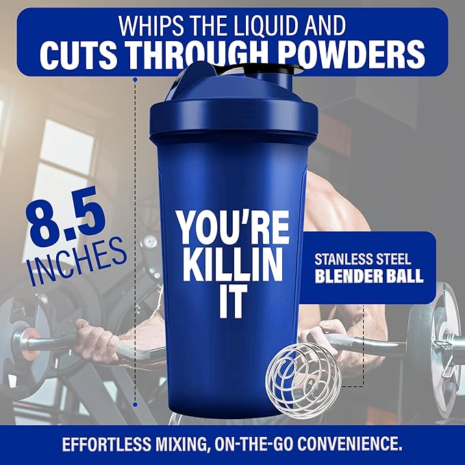Shaker Bottles for Protein Shakes 24oz, Plastic Bottle for Pre and Post Workout, Protein Shaker Bottle with Wire Whisk Ball, Shaker Cup, Dishwasher Safe (YOU'RE KILLIN IT, BLUE)