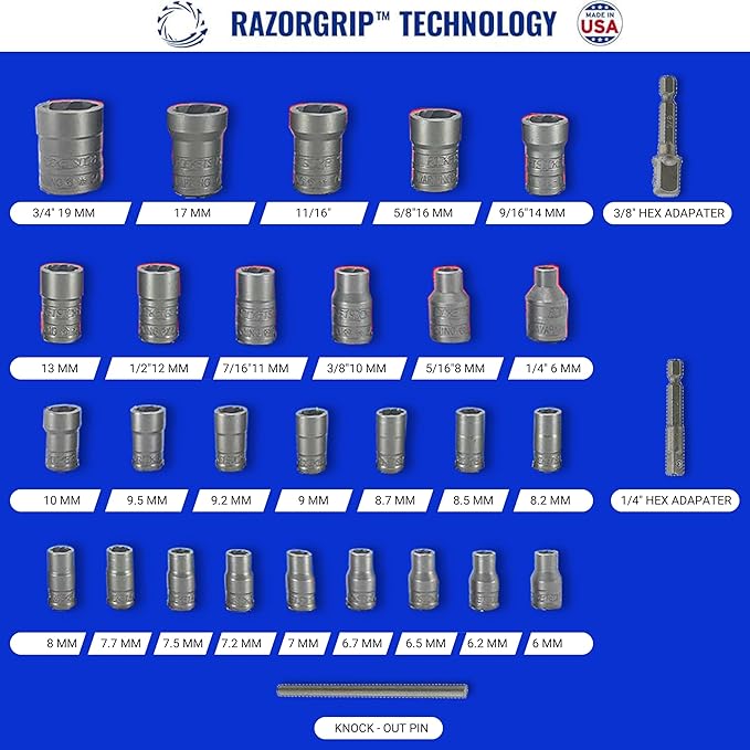 30 Piece Extraction Socket Tool Set | Made in USA Steel | ¼” and ⅜” Drive Impact Grade Bolt and Nut Remover Kit | Turbo Sockets for Stripped, Rounded, Frozen Bolts & Nuts | Nut Extractor Socket Set