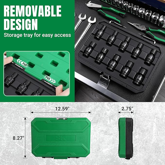 SK 1/2" Drive Universal Swivel Impact Socket Set, Metric Socket Set, 10-Piece, Premium CR-MO Steel, SureGrip 6 Point Design, with Storage Case