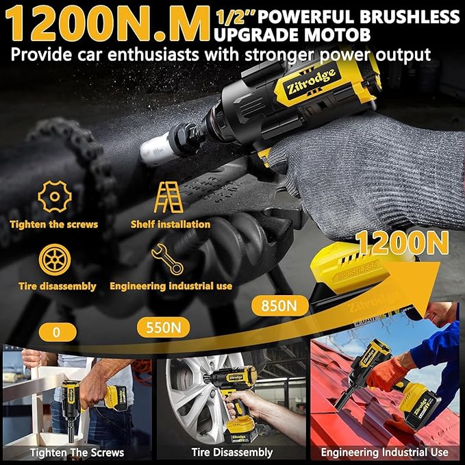 Cordless Impact Wrench 1/2", 900Ft-lbs 1200N.m Brushless Impact Driver, 21V High Torque Impact Gun 4 In I, 16 Sockets, 2x4.0Ah Battery, 23 Drill &Screwdriver Bits for Car, Truck, RV, Home, Tire Repair