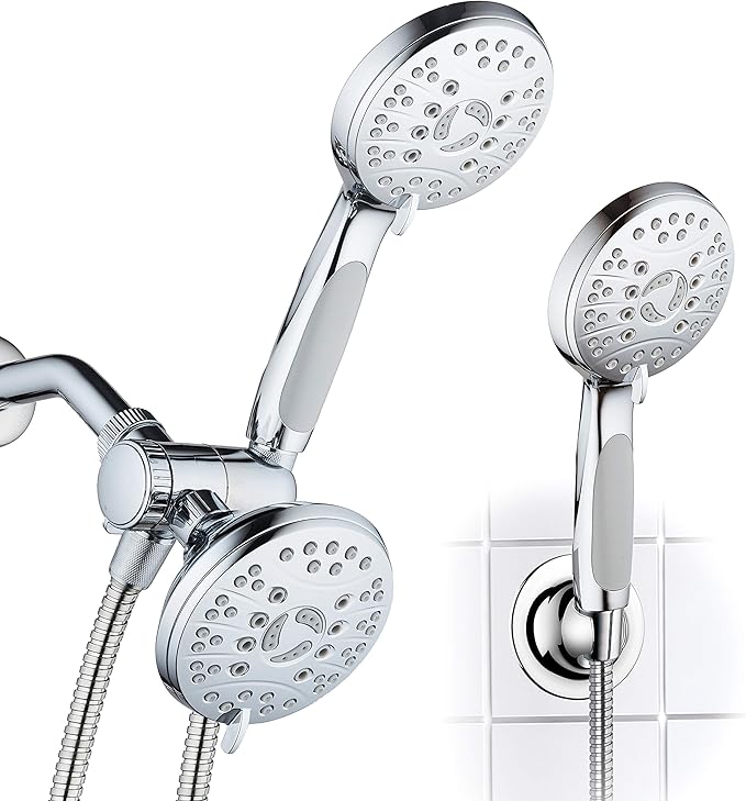AquaSpa High Pressure 48-mode Luxury 3-way Combo – Dual Rain & Handheld Shower Head – Extra Long 6 Foot Stainless Steel Hose – Anti Slip Grip – All Chrome Finish – Extra Wall Bracket
