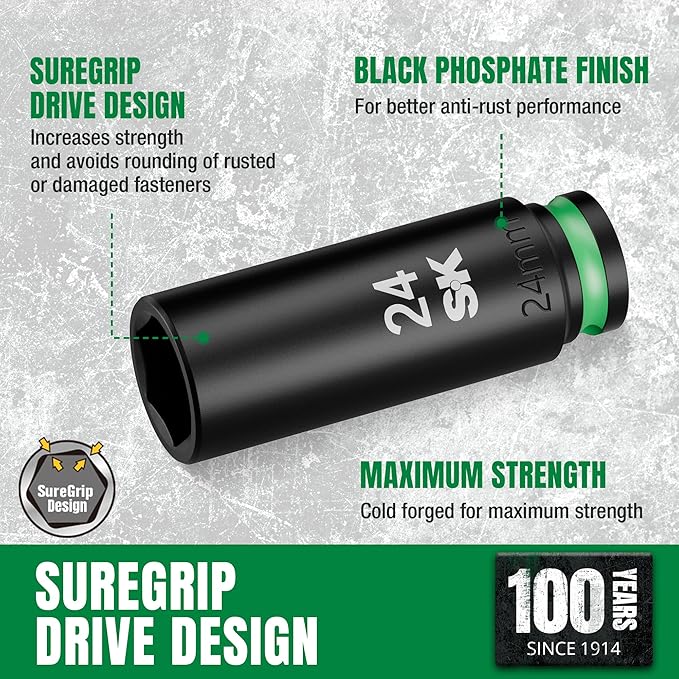 SK 1/2" Drive Impact Socket Set, 30-Piece Metric Sockets, Deep 10mm to 24mm, Shallow 8mm to 24mm, Premium CR-MO Steel, SureGrip 6 Point Design, With Storage Case