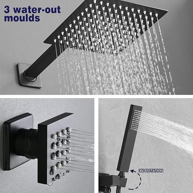Matte Black Shower Faucet Set with Body Jets 10 Inch Matte Black Shower Head Handheld Shower Combo Set High Pressure Wall Mount with Rough-in Valve
