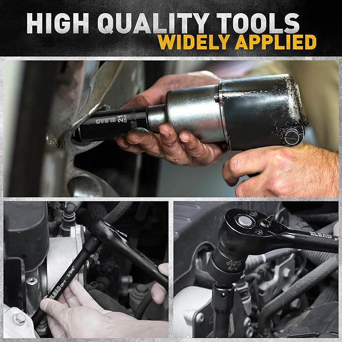 3/8'' Drive Impact Socket Set - 50-Piece Shallow & Deep Socket Set Metric and Standard Full with Universal Joint, Extension Bar, 1/2 to 3/8 Reducer, Hex Shank Socket Adapter, Ratchet Handle