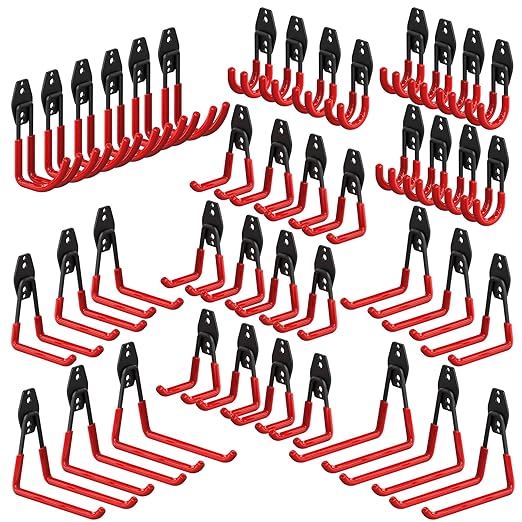 3-H Garage Wall Hooks 42 Pack, Heavy Duty Garage Hooks with Extra Welding Spots, Wall Mount Storage Organizer for Hanging Garden Lawn Tools, Ladder, Bike, WeedEater, Chair, Shovel, Blower (Red)
