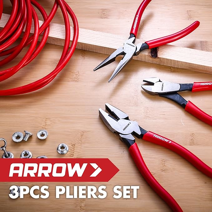 ARROW 3PCS Pliers Set, 8" Needle Nose Pliers, 7" Diagonal Plier, 8" Linesman with Non-slip Handle, Premium Carbon Steel, High Leverage Design
