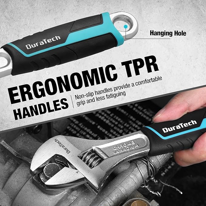 DURATECH 8-Inch Adjustable Wrench, Cr-V Steel Wrench, Wide Jaw Wrench, Metric & SAE Scales, for Home, Garage, Workshop and DIY