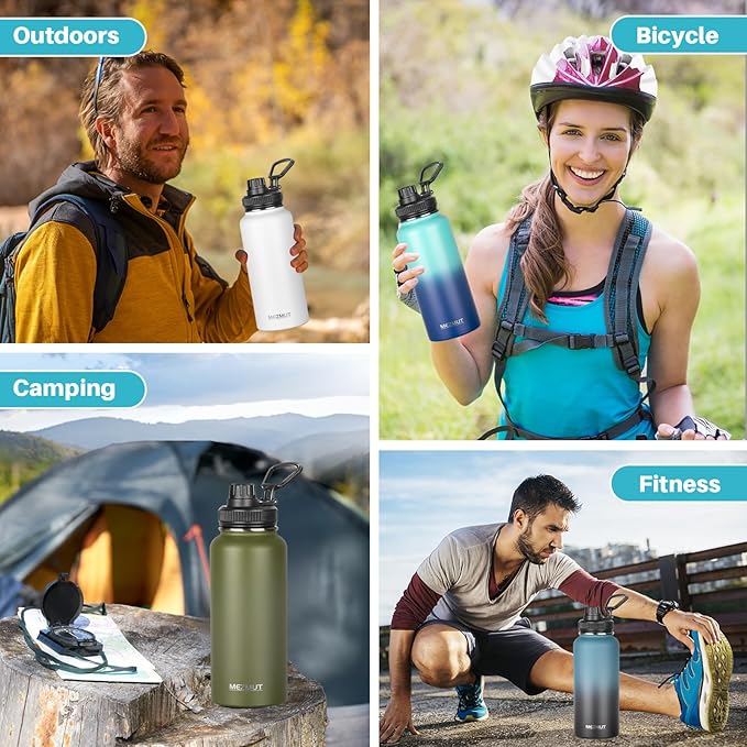 Stainless Steel Water Bottles 32oz Insulated Water Bottle with Straw&3 Lids Double Walled Sports Metal Thermos Water Bottle Cup Leak-Proof Vacuum Insulated Bottles Travel (Gradient Blue Black)