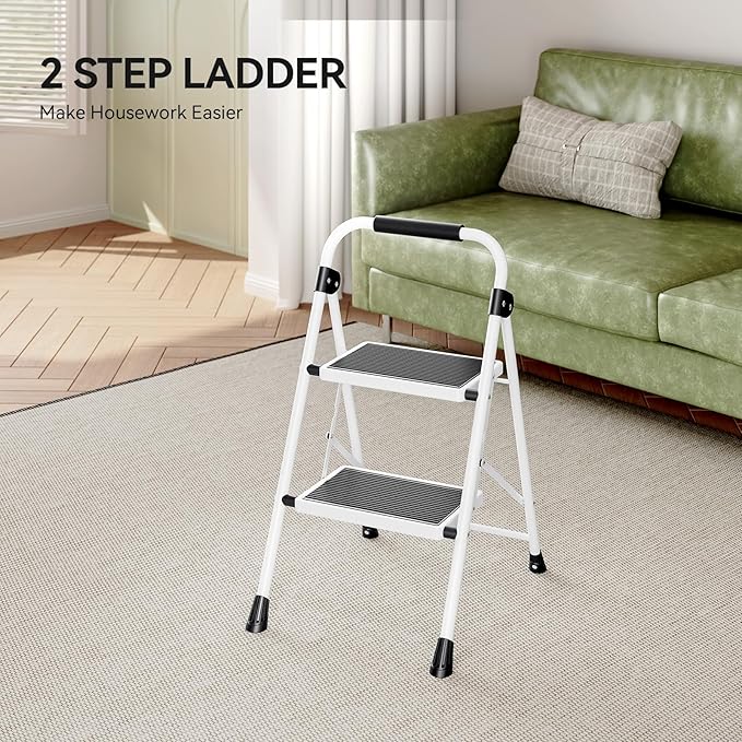 KINGRACK 2 Step Ladder, Folding Step Stool with Anti-Slip and Wide Pedal, Lightweight Stepladder with Handrails, Portable for Kitchen, Household, White