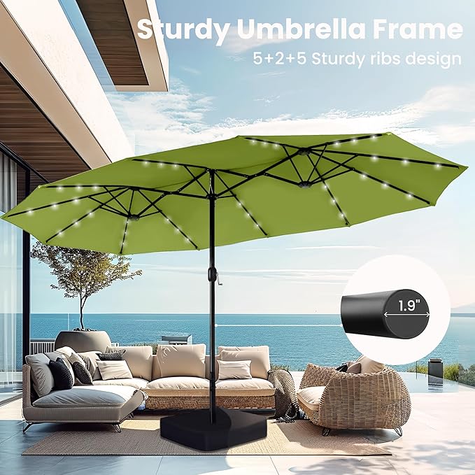 PHI VILLA 15 ft Umbrella Outdoor Patio Solar Lights with Base, Outdoor Double-Sided Large Market Rectangle Umbrellas with 36 LED Lights, Lime Green