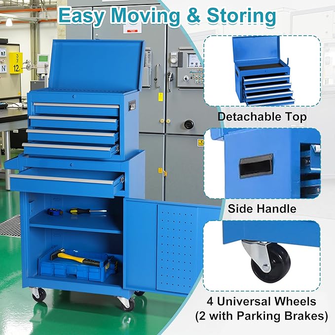 Tool Chest 5 Drawers Garage Storage Cabinet 2 in 1 Steel Frame Tool Chest with Wheels, Protective Liner, Detachable Top and Adjustable Shelf, Tool Box for Garage Workshop, Blue