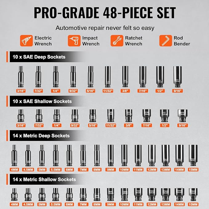 VEVOR Drive Impact Socket Set 1/4" - 48 Piece Deep & Shallow Socket Set SAE 3/16"-9/16" and Metric 4-15mm - 6 Point Cr-Mo Alloy Steel for Auto Repair - Easy-to-Read Size Markings Storage Case