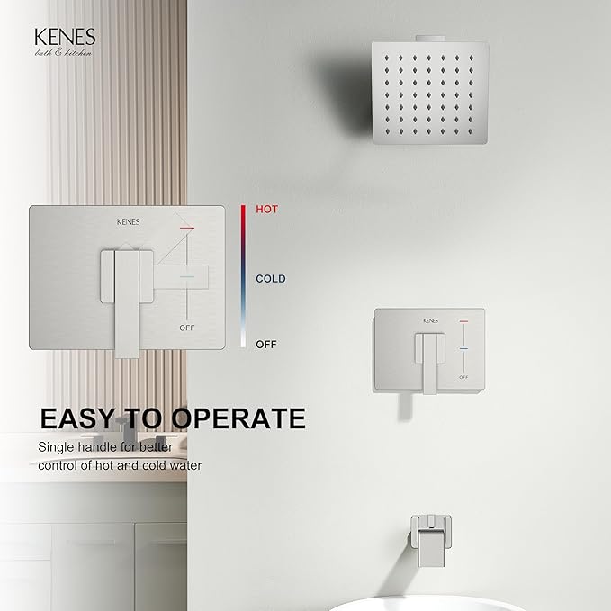 KENES Brushed Nickel Tub and Shower Trim Kit, Shower Faucet with Single-Spray Rain Shower Head, Square Stainless Shower Faucet Set, KE-6025A (Shower Valve Included)