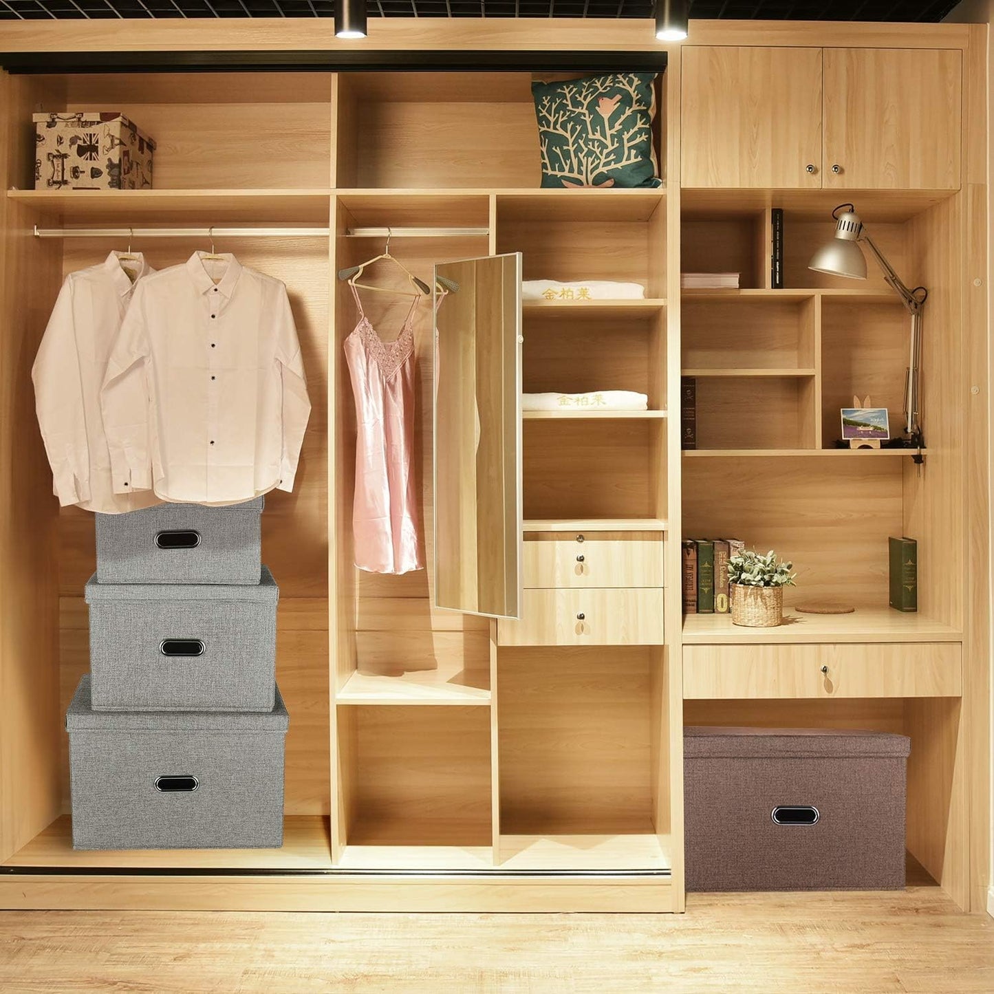 Linen Fabric Collapsible Storage Bins with Removable Lids and Handles, Washable Storage Box Containers Baskets Cube with Cover for Bedroom,Closet,Office,Living Room,Nursery (Grey, Small)