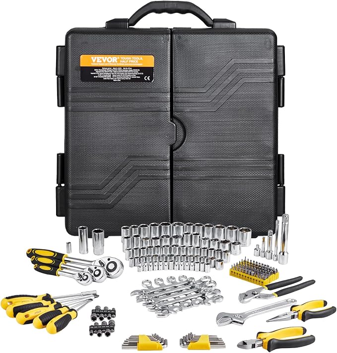 VEVOR Mechanics Tool Set 207 Pieces 1/4" 3/8" 1/2" Drive Sockets -SAE and Metric Mechanic Tool Kit with Bits - Wrenches, Ratchet Handle, Accessories, and Plastic Storage Case - for Automotive Repair