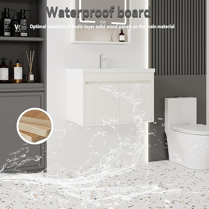 28'' Bathroom Vanity with Ceramic Sink Combo, Wall Mounted Small Bathroom Vanity with Soft-Close Door Modern Floating Cabinet, Pop-up Drain, P-Trap Included, Khaki(No Faucet)