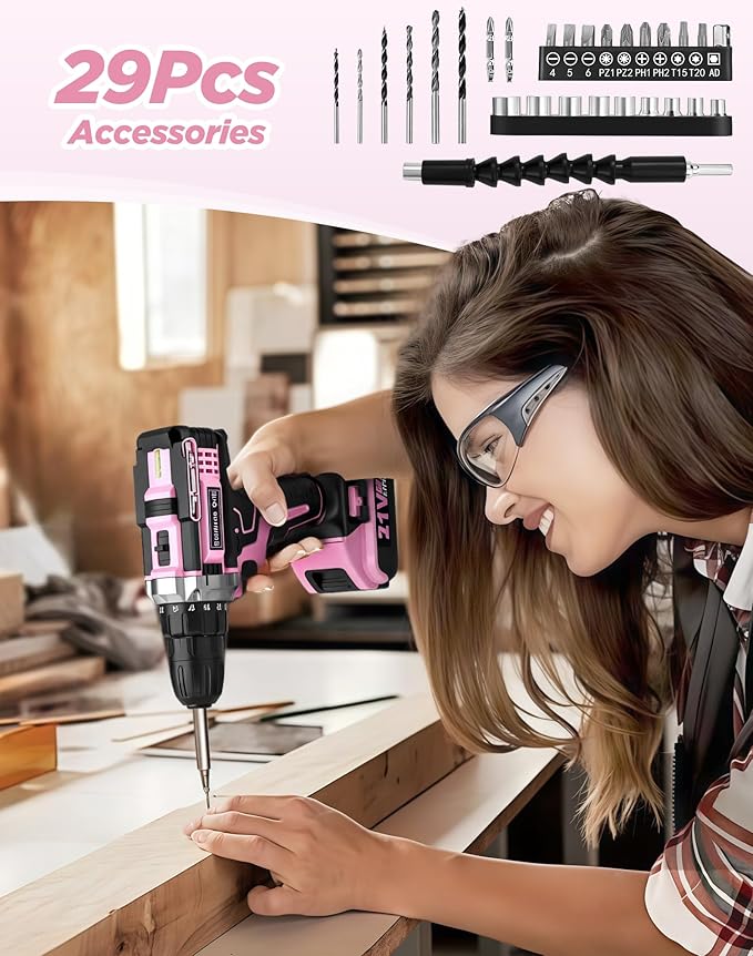 Pink Cordless Drill Set, 21V Electric Power Drill for Women, Lightweight Electric Screwdriver Driver with Power Pack & Charger, 2 Speed, 3/8" Keyless Chuck, 27 Pcs Womens Tool Kit for Home DIY & House