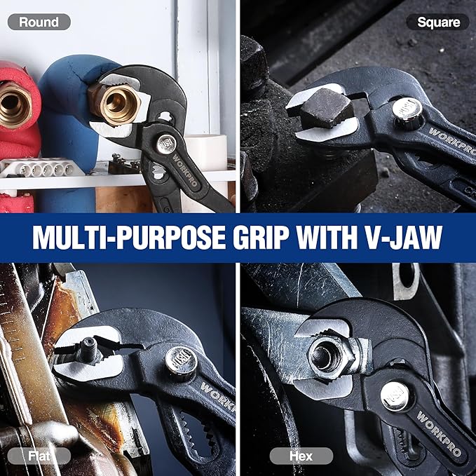 WORKPRO 2 Piece Groove Joint Pliers Set, 7 & 10-Inch Fast Adjustable Water Pump Pliers, V-Jaw Tongue and Groove Pliers in CRV Steel