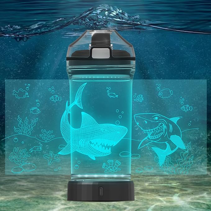 Kids Water Bottle with Shark Design 3D Glowing LED Light-Tritan BPA Free,Perfect for Back-to-School Season, Girls, Boys, Kids, Holiday Camping, Picnic Gifts - 14 oz Travel Mug