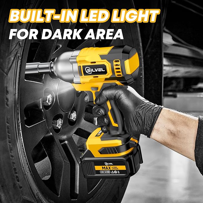 SILVEL Cordless Impact Wrench, MAX 650N.M Brushless Impact Gun 1/2 inch, 4.0Ah Battery, 6 Sockets, 3300RPM Impact Driver wih Fast Charger