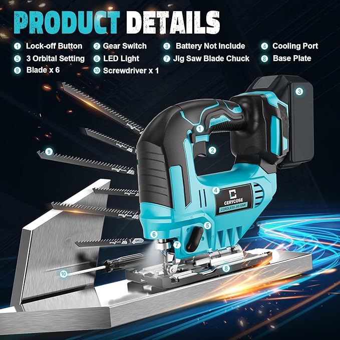 Jigsaw Compatible With Makita 18V Battery, Cordless jig saw tool Brushless Motor, 0°- 45° Bevel Cuts, LED Light with 3 Position Orbital Setting for Straight/Curve/Bevel/Circle Cutting (NO Battery)