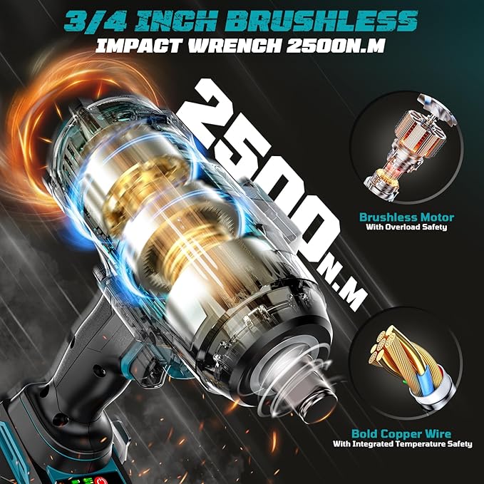 Cordless Impact Wrench 3/4 inch Compatible with Makita 18V Battery, 1850ft-lbs (2500N.m) Brushless Electric Impact Gun, High Torque Impact Driver, for Heavy-Duty Automotive & Industrial Tasks
