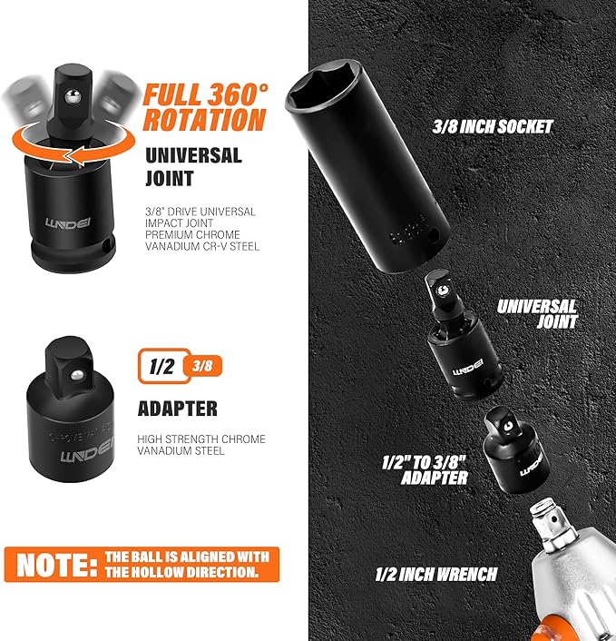 LLNDEI 3/8" Drive Impact Socket Set SAE and Metric (5/16"- 3/4", 8-22mm) 48pcs, CR-V Steel, 6 Point Sockets, Extension Bar (3-in, 6-in), 1/2"F to 3/8"M Reducer Universal Joint