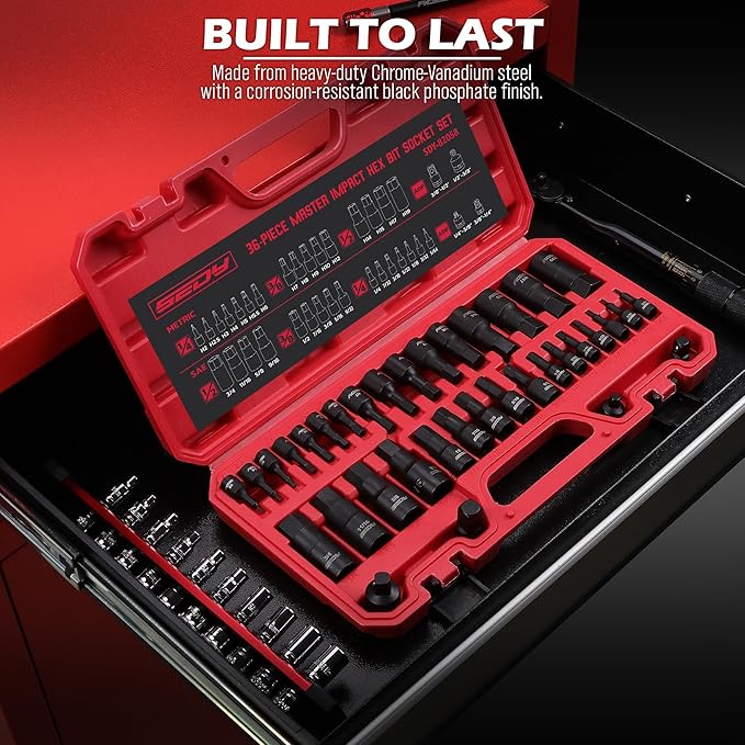 Hex Bit Impact Socket Set: 36-Piece with 4 Adapters, 1/4" 3/8" 1/2" Drive Master Allen Impact Socket Set, SAE and Metric, H5-H19 & 3/4"-5/64", Heavy Duty Storage Case, Automotive Mechanic