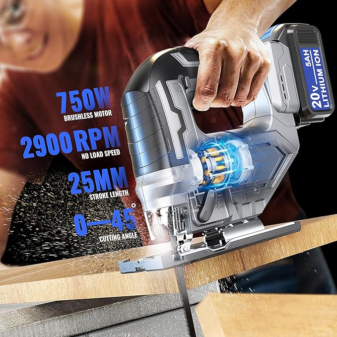 Cordless Jigsaw Tool Compatible with Dewalt 20V Battery, Variable Speed, LED Light, 0°-45° Bevel Cuts, 3-Position Orbital Action, Brushless Motor for Cutting (With 5Ah Battery & Charger Station Kit)
