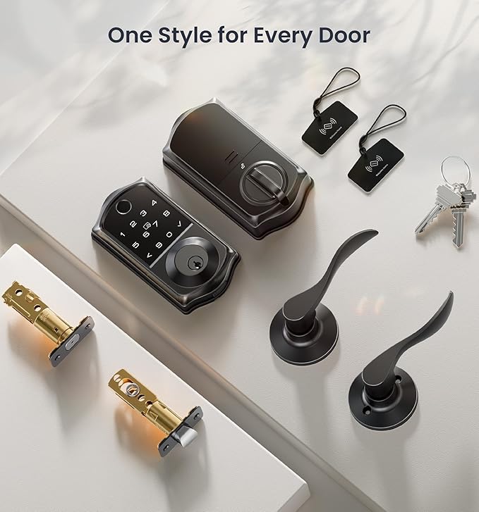 Veise VE017-L Fingerprint Smart Lock with 2 Lever Handles, Keyless Entry Front Door Lock Set, App Control, Electronic Digital Keypad Deadbolt, Easy Installation, Emergency Power Port, Matte Black