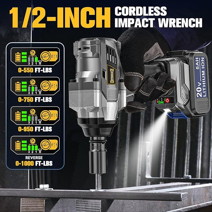 Cordless Impact Wrench 1/2 inch Compatible with DeWalt 20V Battery, 1000 Ft-lbs (1360N.m) Brushless High Torque Impact Driver with 2x5.0AH Battery & 6 Sockets, Power Impact Gun for Car Truck Mower