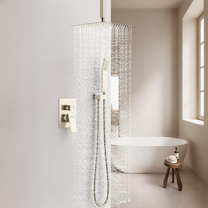 SunCleanse Rainfall Shower System Brushed Nickel Ceiling Mounted Shower System Combo Set with High Pressure 12 Inches Square Rain Shower Head Handheld and Shower Faucet Rough-in Mixer Valve and Trim
