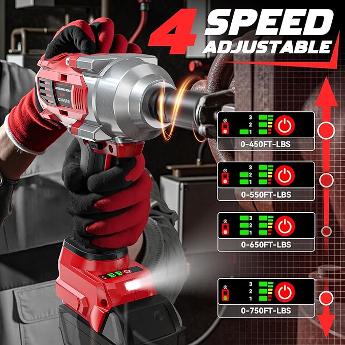 Cordless Impact Wrench 1/2 inch Compatible with Milwaukee 18v Battery, 750FT-LBS(1000N.m) Brushless Impact Driver, Portable Electric Impact Gun with LED Work Light, Variable Speeds, 4-Speed Control.