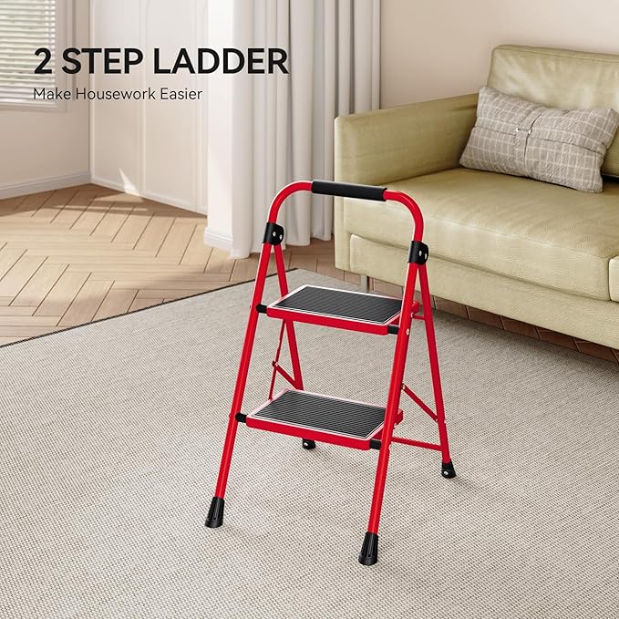 KINGRACK 2 Step Ladder, 2 Step Folding,Kitchen Ladder with Anti-Slip and Wide Pedal,Small Step Ladder with Handrails,Lightweight Portable Step Ladder for Kitchen Household,Red