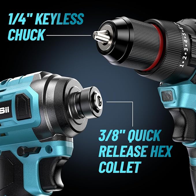 SEESII 21V Max Cordless Drill and Impact Driver, Power Tool Combo Kit Included 3/8'' Drill & 1/4'' Impact Driver, 2x 4000mAh Battery, Fast Charger, 20 pcs Driver Bit Set & Bag