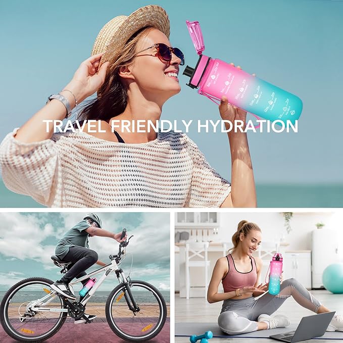 GOSWAG 32oz Motivational Water Bottles with Time Marker and Fruit Strainer, Sports Water Bottle with Times to Drink, Leakproof, Reusable Plastic Bottle with Strap no Straw for Gym, School