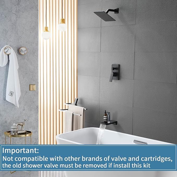Tub and Shower Faucet Set Matte Black Shower System Trim Kit with Rough in Valve Shower Tub Kit Combo Wall Mount 33019B